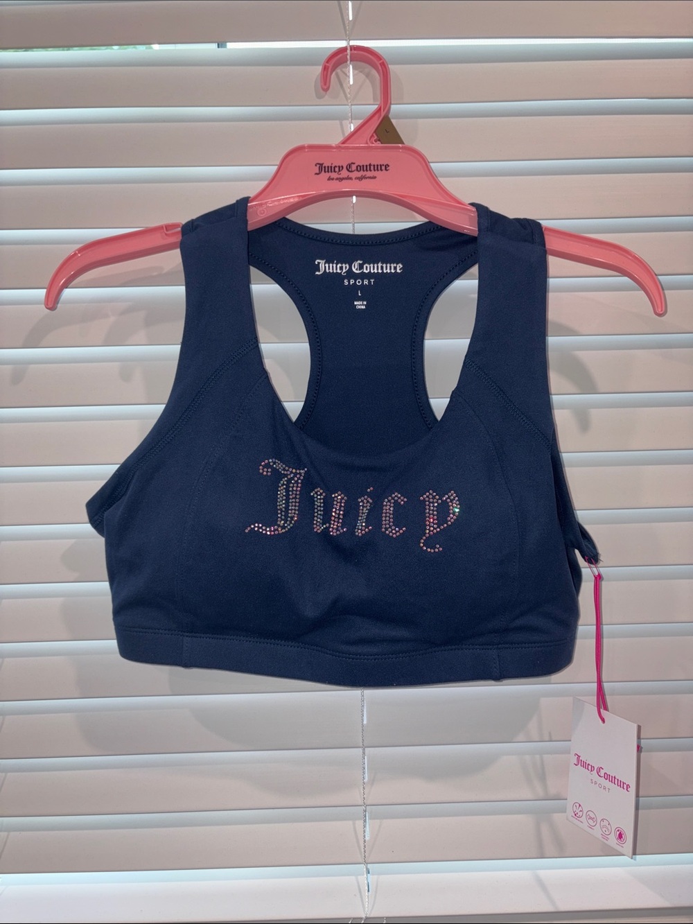 Juicy Couture Navy Rhinestone 'Juicy' Racerback Sports Bra